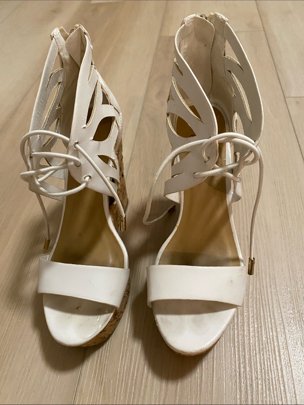 White Lace-Up Wedge Sandals - 
DAMAGED. If you can fix them, they’re great!!